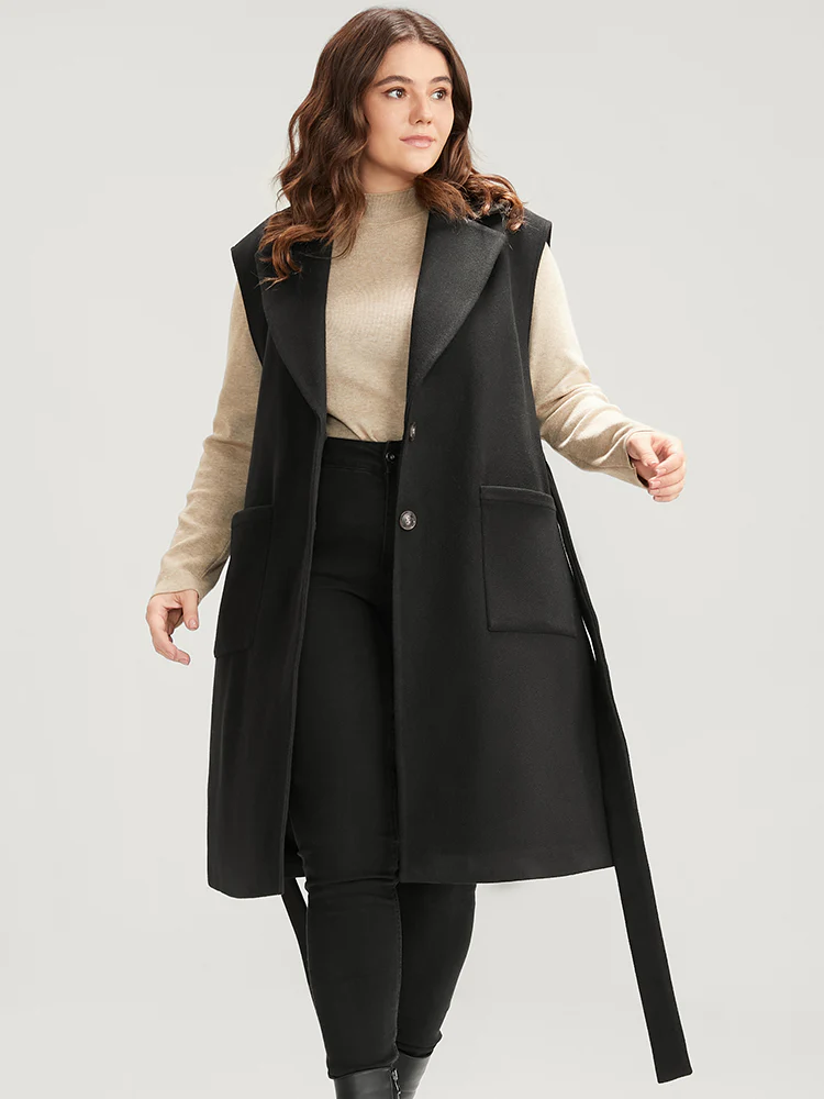 Solid Suit Collar Pocket Belted Sleeveless Coat - Image 6