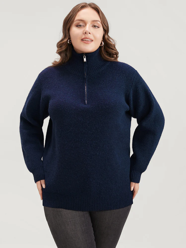 Solid Super Soft Plush Knit Zip Neck Knit Top - Image 2