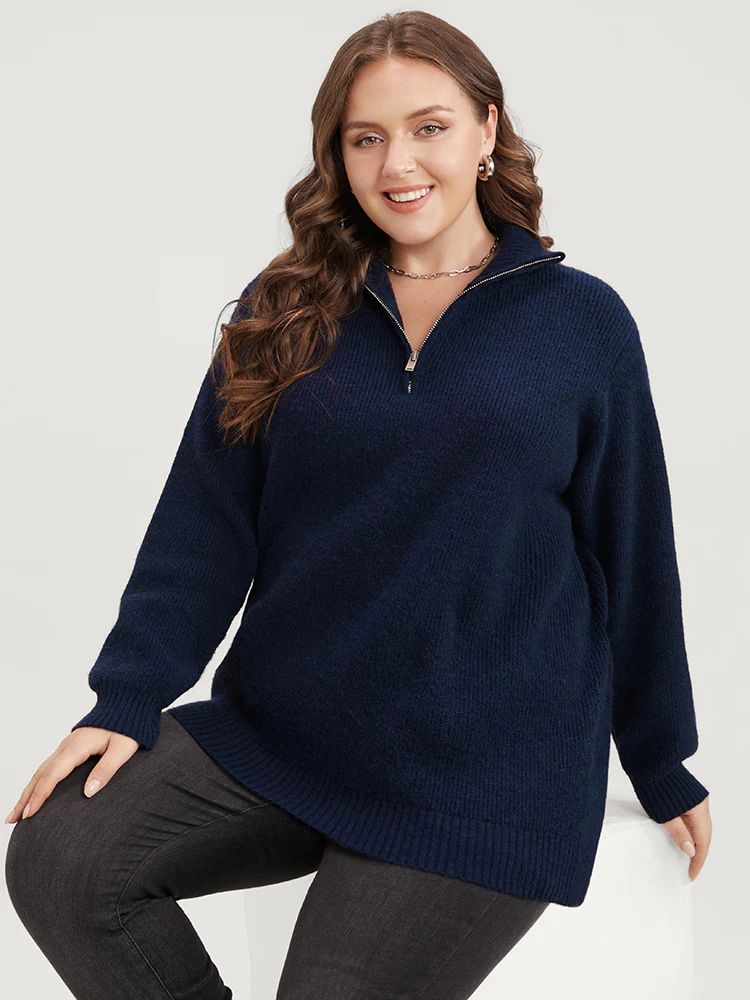 Solid Super Soft Plush Knit Zip Neck Knit Top - Image 3