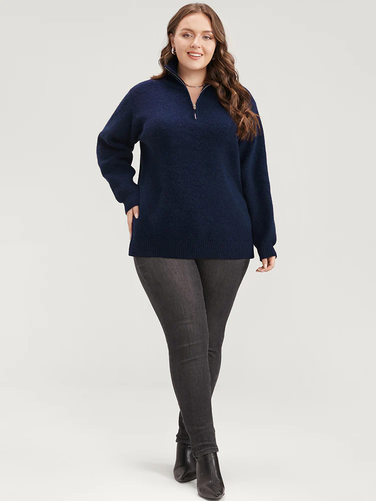 Solid Super Soft Plush Knit Zip Neck Knit Top - Image 4