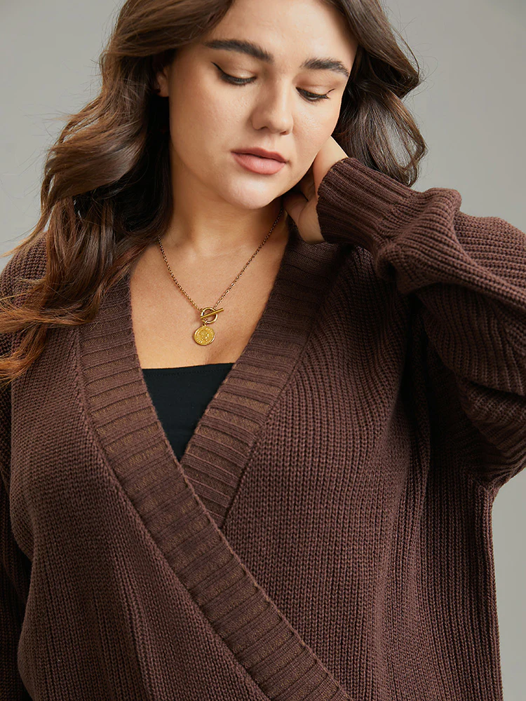 Solid Surplice Neck Elastic Cuffs Pullover - Image 3