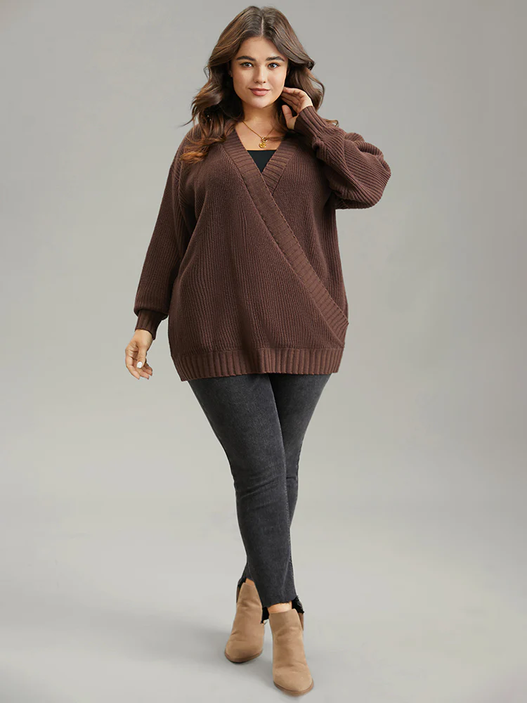 Solid Surplice Neck Elastic Cuffs Pullover - Image 4