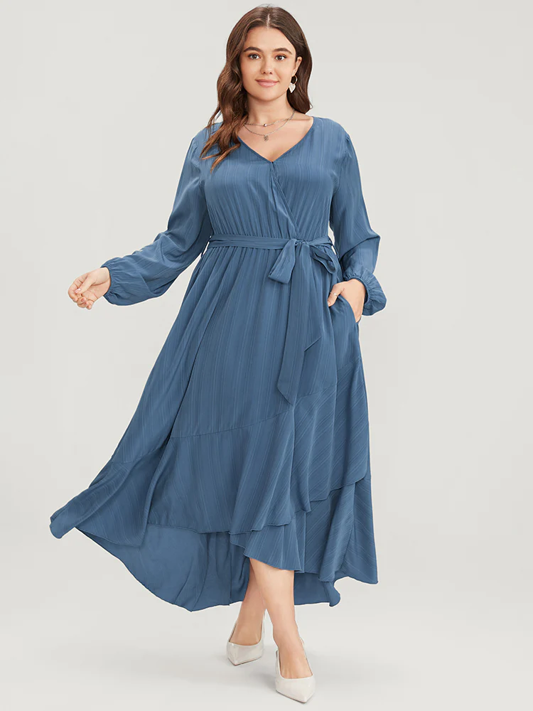 Solid Surplice Neck Lantern Sleeve Pocket Belted Asymmetrical Hem Dress - Image 2