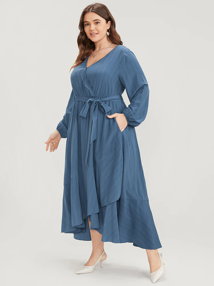 Solid Surplice Neck Lantern Sleeve Pocket Belted Asymmetrical Hem Dress - Image 3