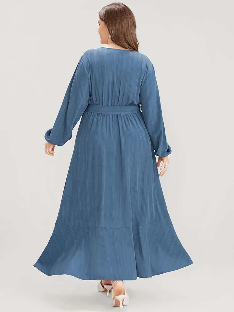 Solid Surplice Neck Lantern Sleeve Pocket Belted Asymmetrical Hem Dress - Image 4
