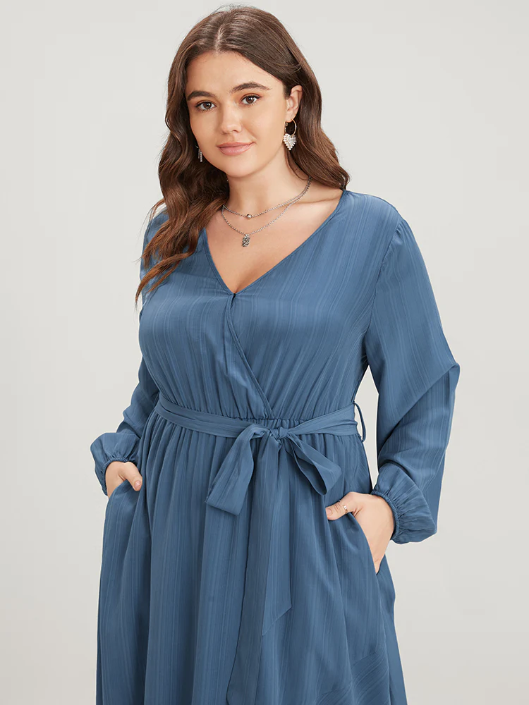 Solid Surplice Neck Lantern Sleeve Pocket Belted Asymmetrical Hem Dress - Image 5