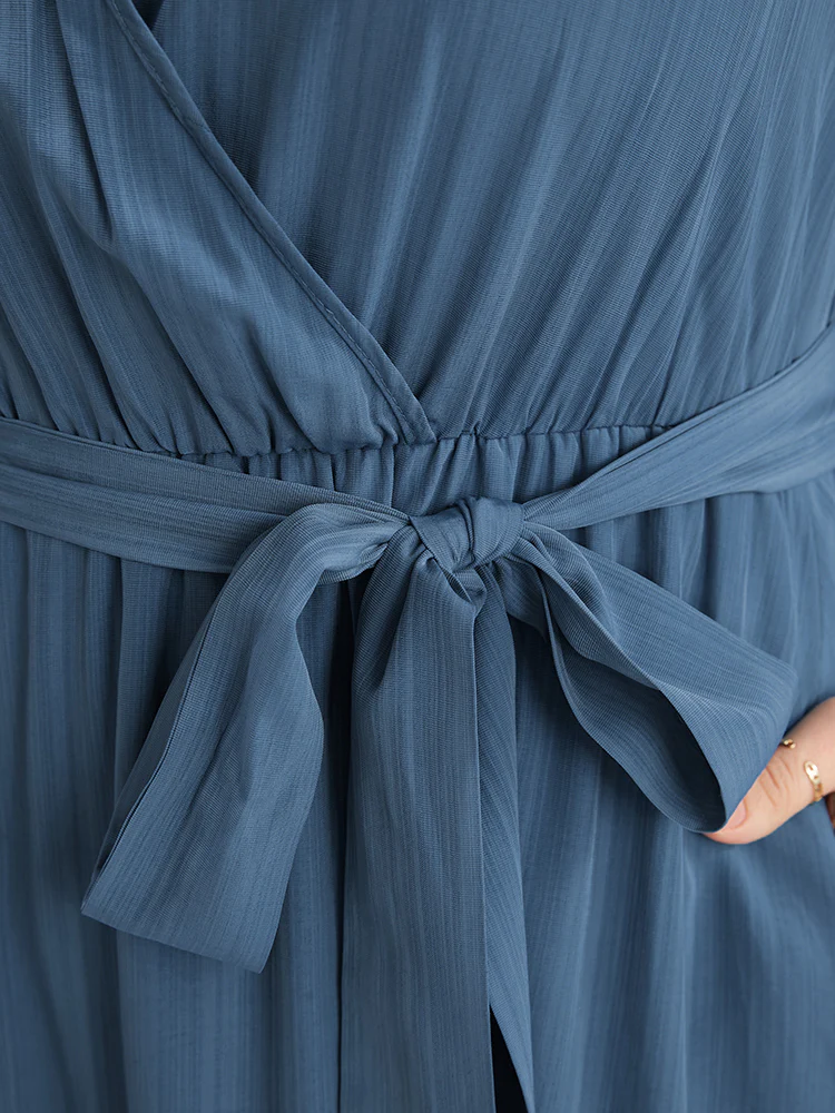 Solid Surplice Neck Lantern Sleeve Pocket Belted Asymmetrical Hem Dress - Image 7