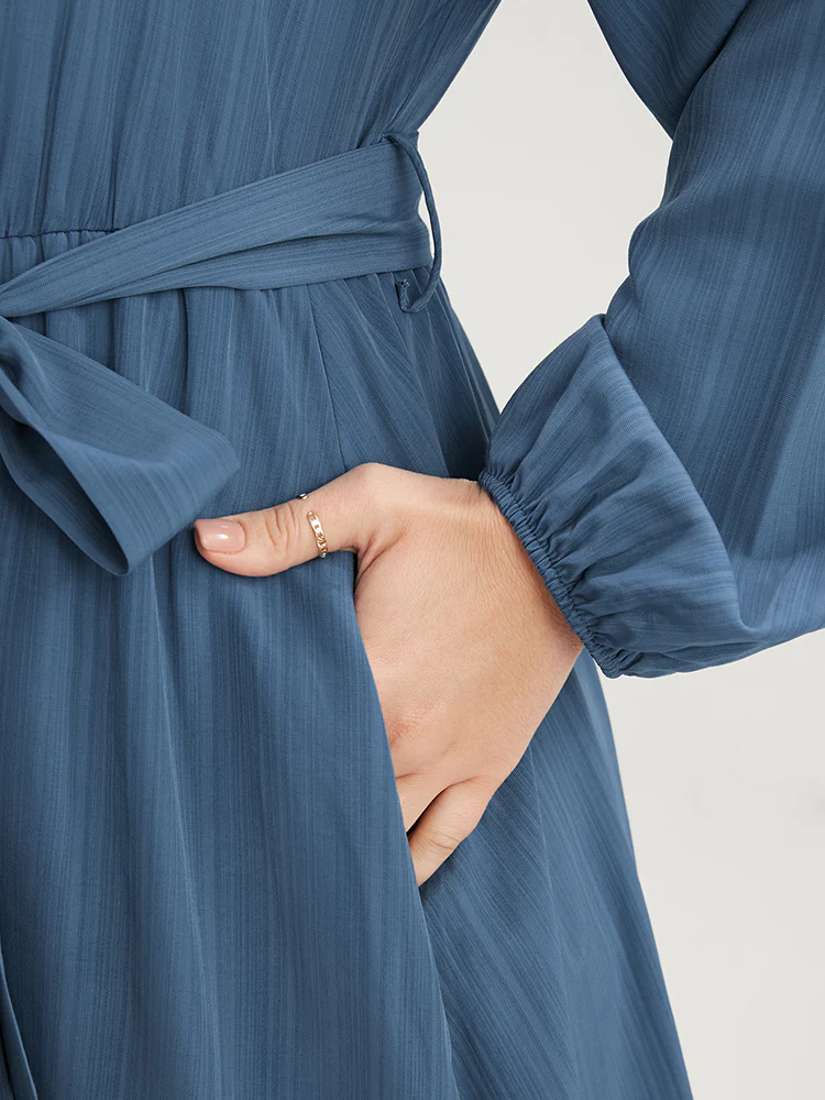 Solid Surplice Neck Lantern Sleeve Pocket Belted Asymmetrical Hem Dress - Image 8