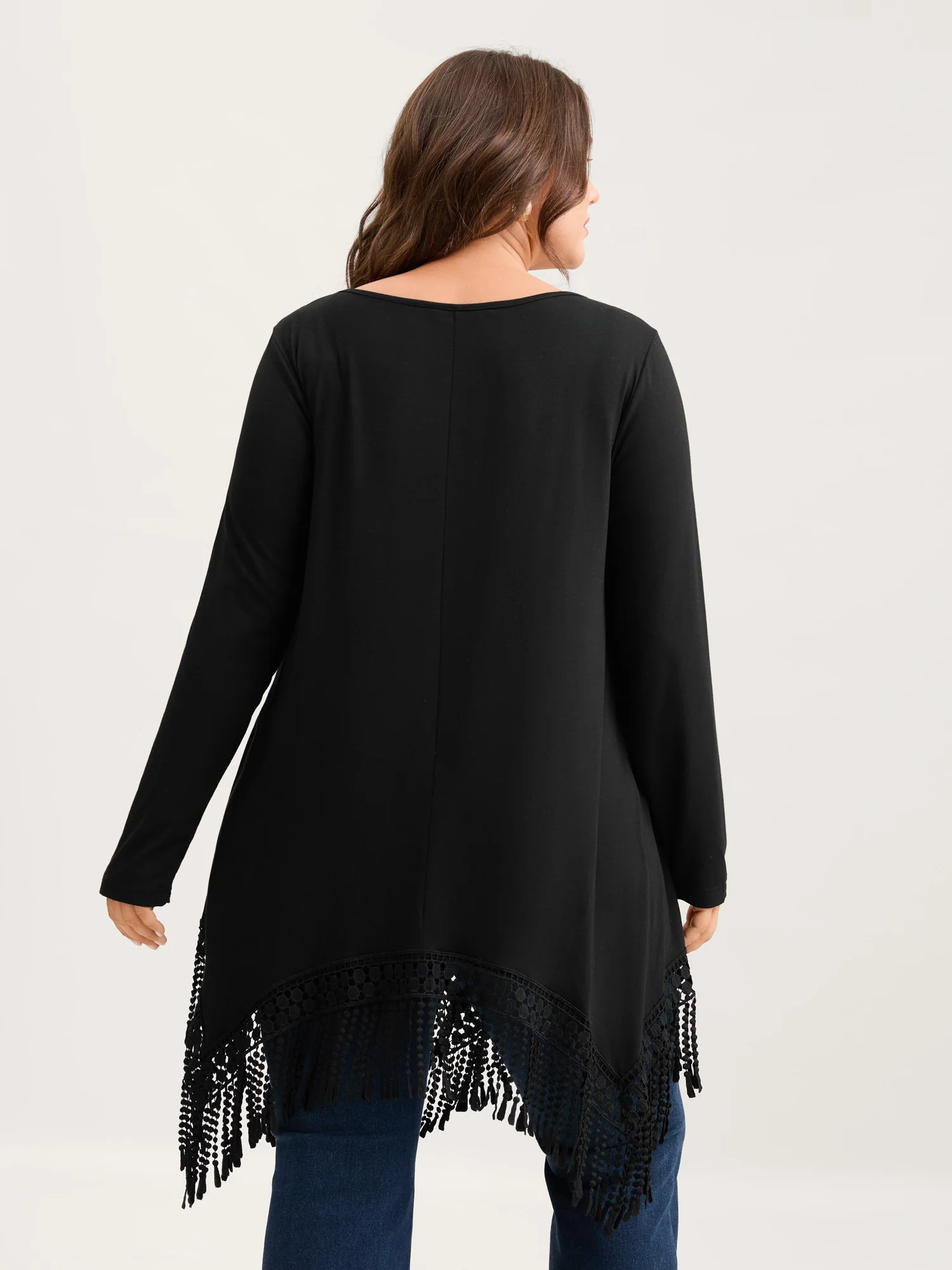 Solid Tassels Trim Pocket Asymmetrical Hem T-shirt - Image 10