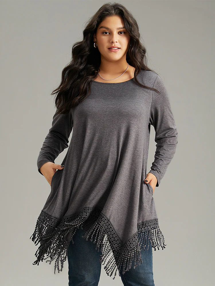 Solid Tassels Trim Pocket Asymmetrical Hem T-shirt - Image 14