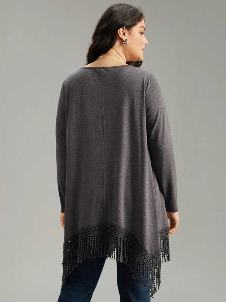 Solid Tassels Trim Pocket Asymmetrical Hem T-shirt - Image 15