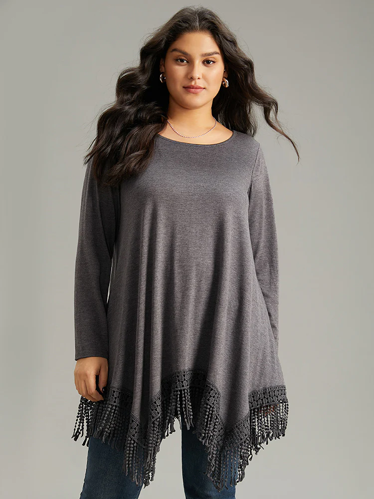 Solid Tassels Trim Pocket Asymmetrical Hem T-shirt - Image 16