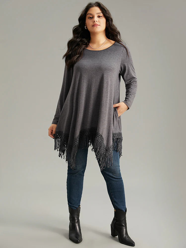 Solid Tassels Trim Pocket Asymmetrical Hem T-shirt - Image 17
