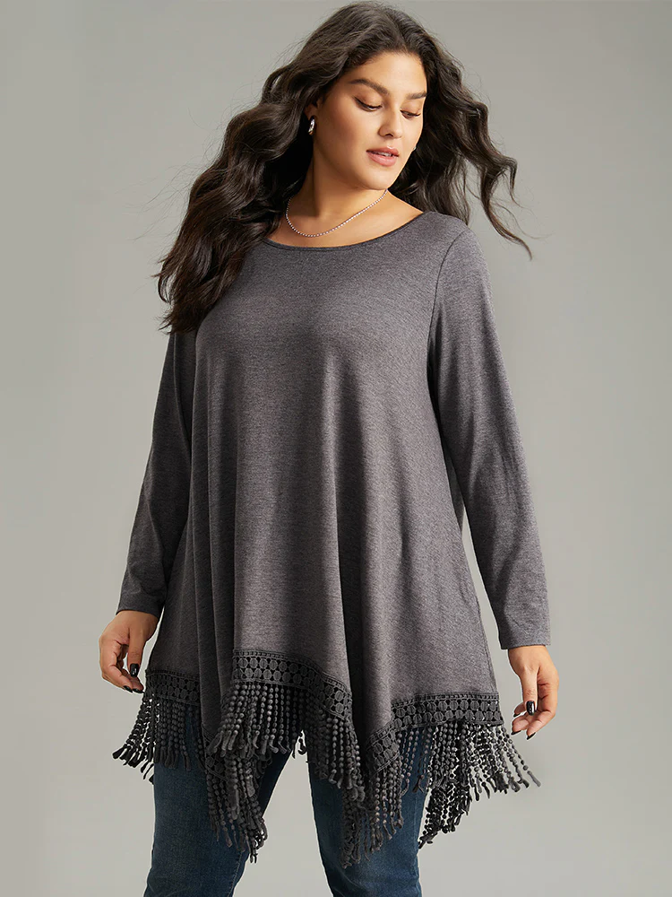 Solid Tassels Trim Pocket Asymmetrical Hem T-shirt - Image 18
