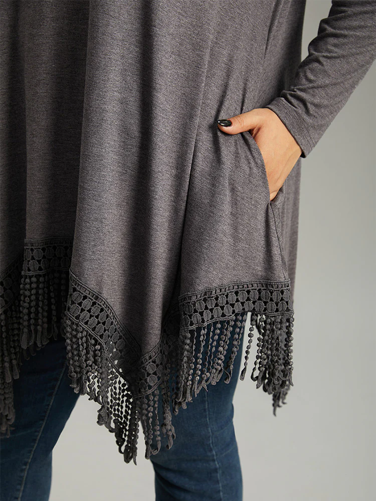 Solid Tassels Trim Pocket Asymmetrical Hem T-shirt - Image 19