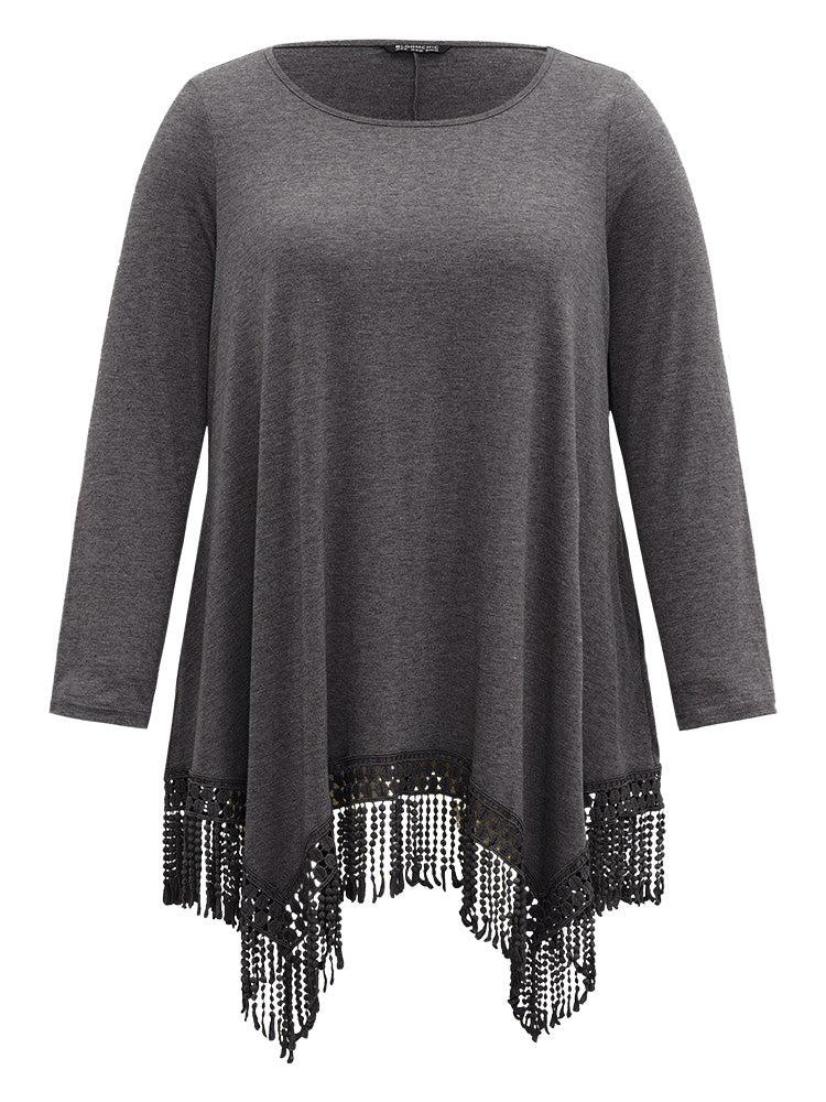 Solid Tassels Trim Pocket Asymmetrical Hem T-shirt - Image 20