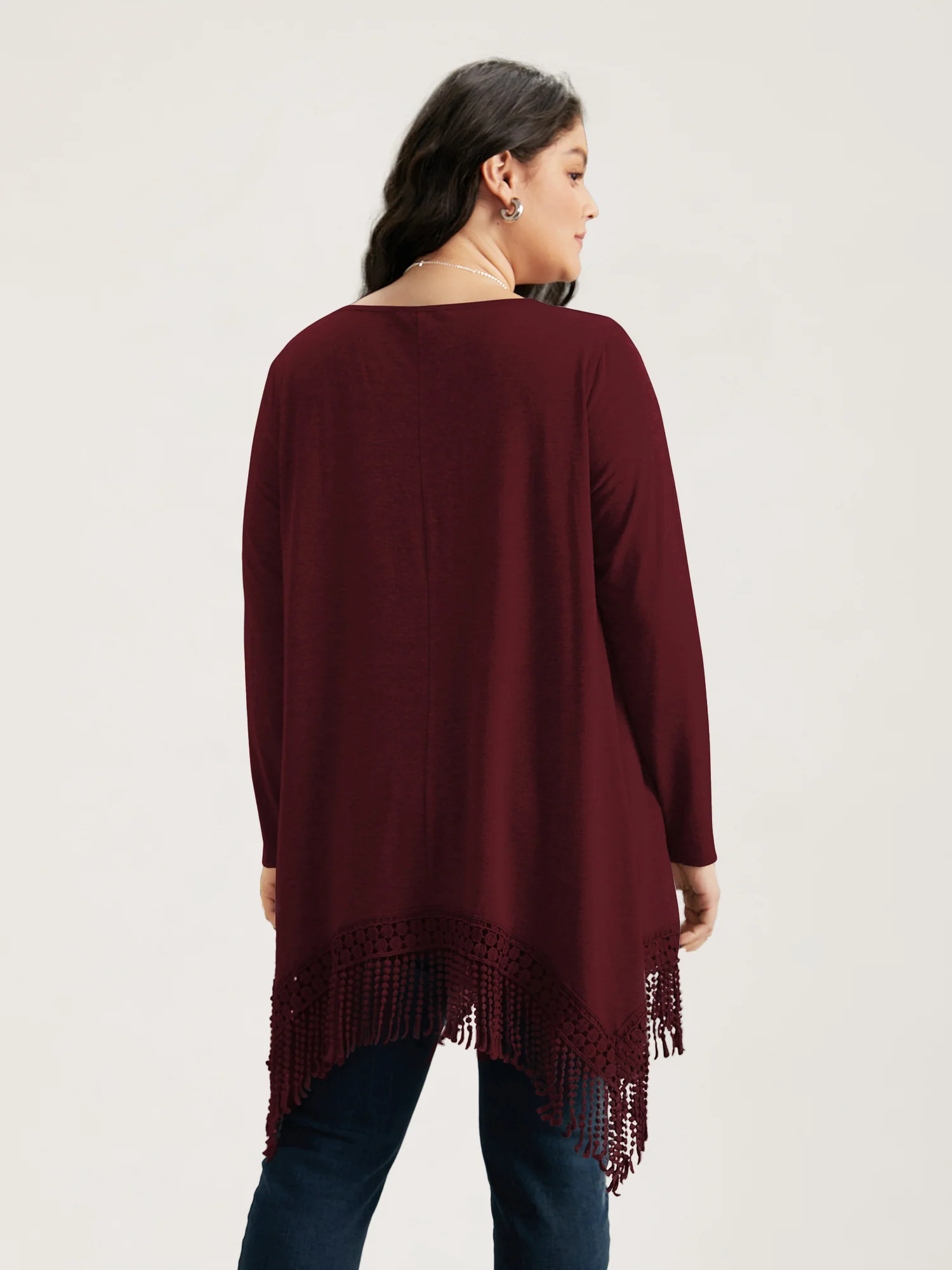 Solid Tassels Trim Pocket Asymmetrical Hem T-shirt - Image 4