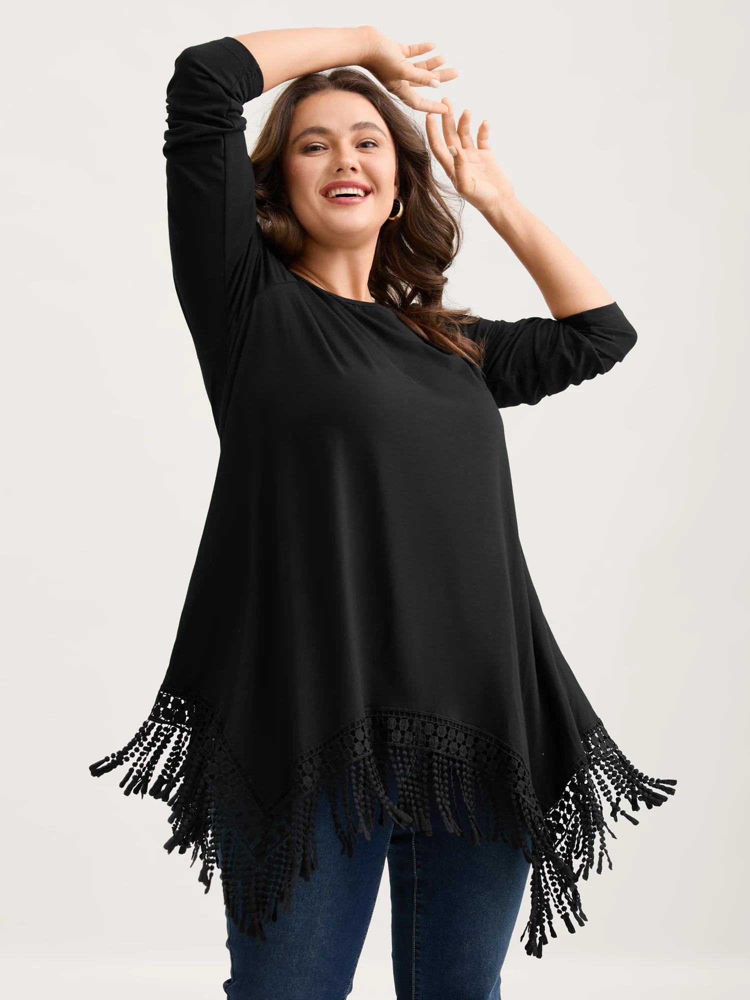 Solid Tassels Trim Pocket Asymmetrical Hem T-shirt - Image 5