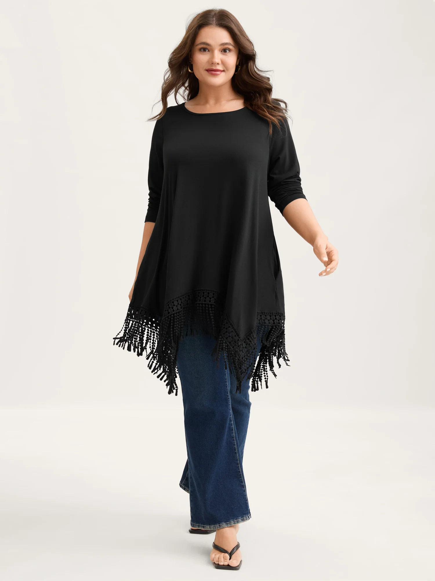 Solid Tassels Trim Pocket Asymmetrical Hem T-shirt - Image 7