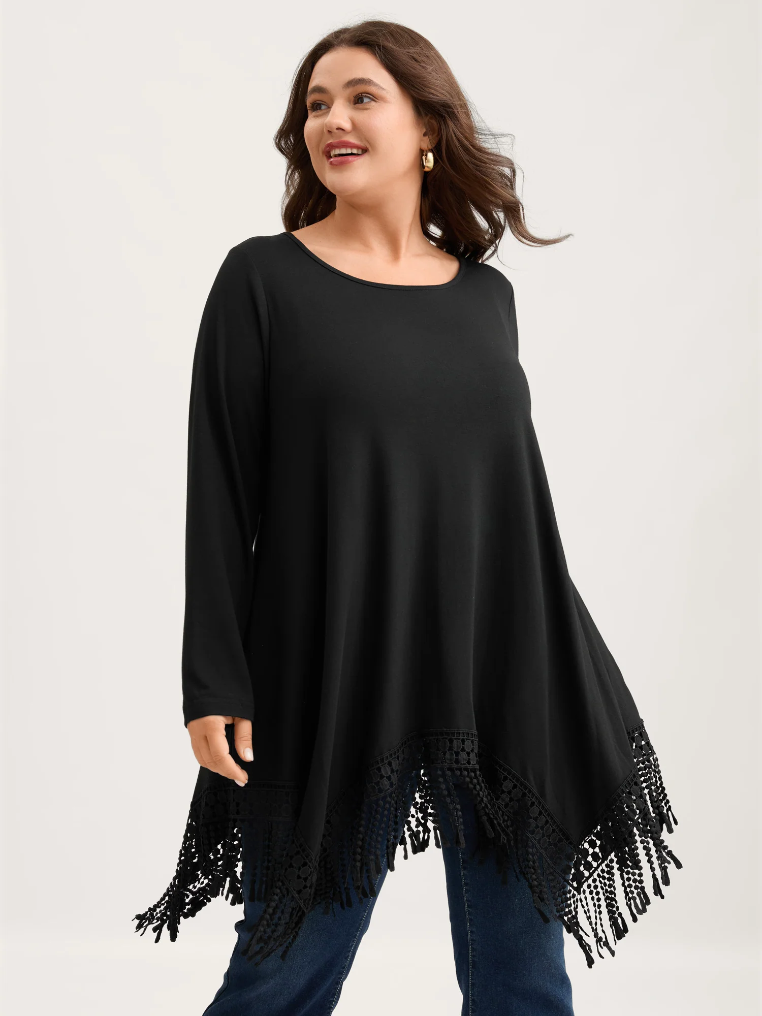 Solid Tassels Trim Pocket Asymmetrical Hem T-shirt - Image 8