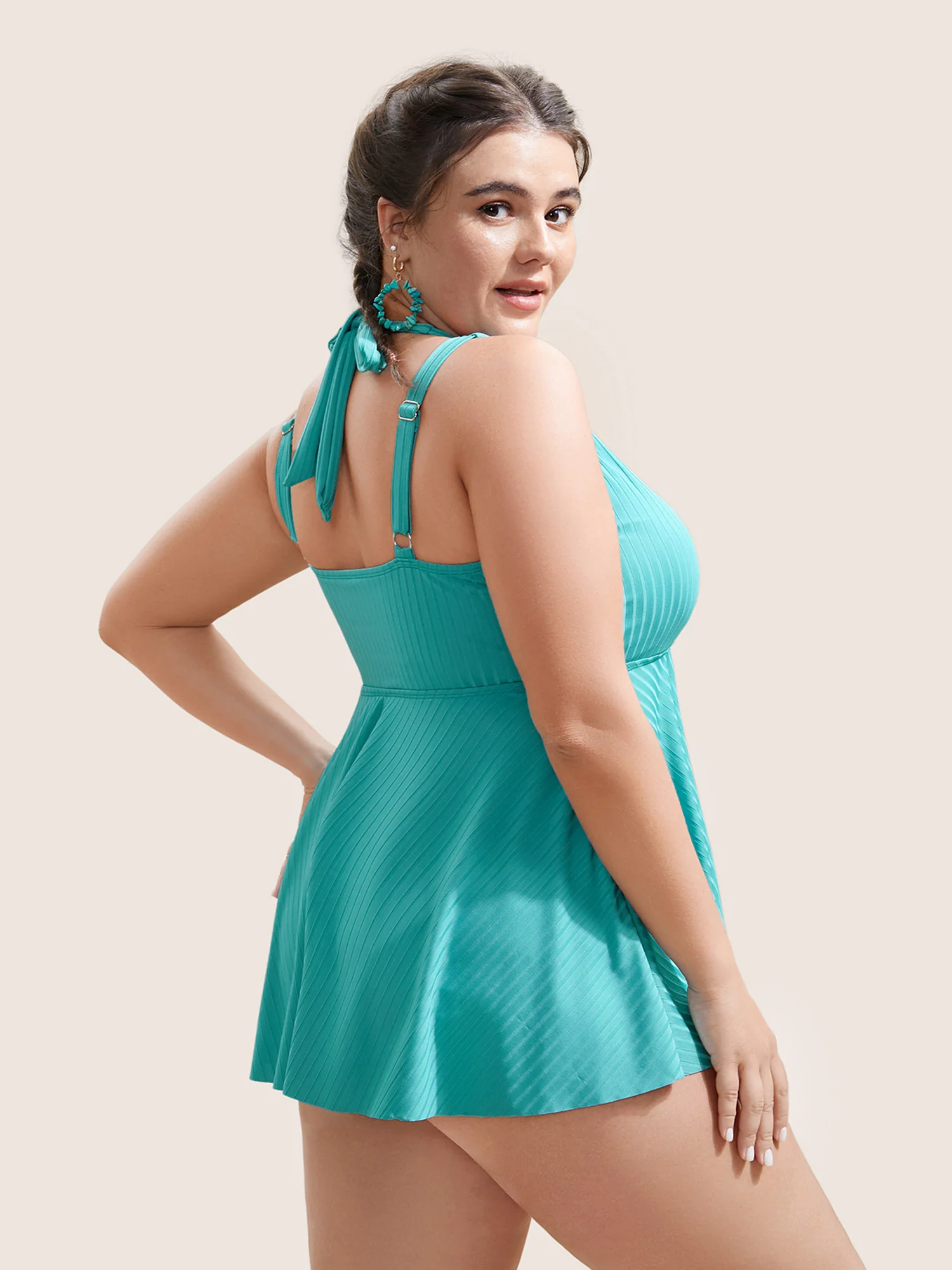 Solid Texture Halter Ties Swim Top - Image 2