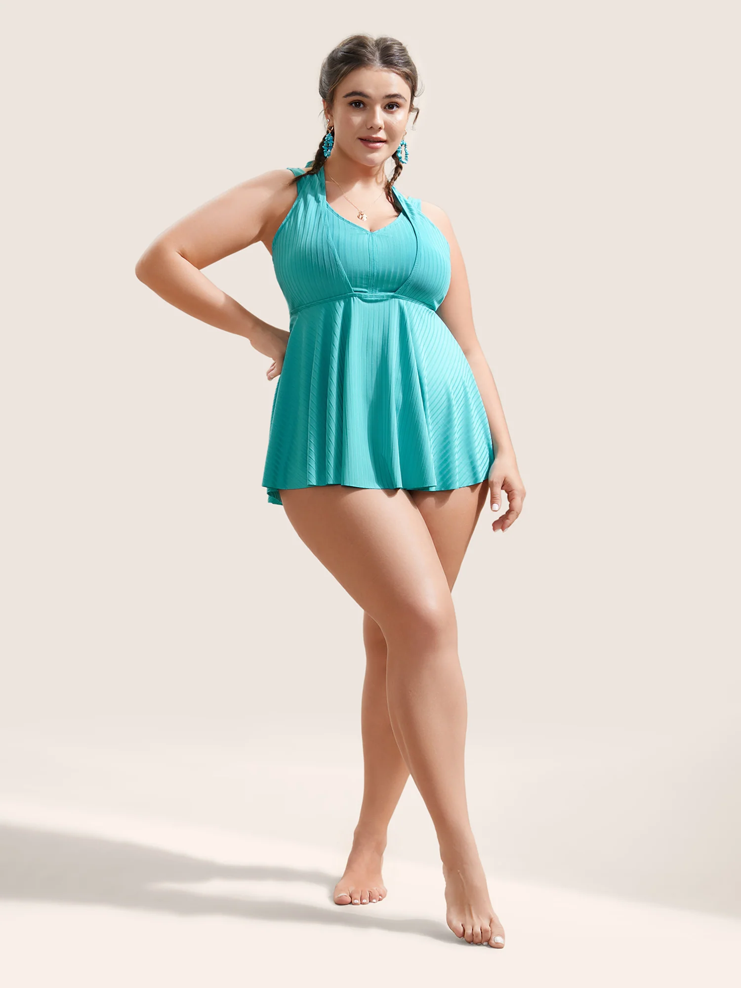 Solid Texture Halter Ties Swim Top - Image 3