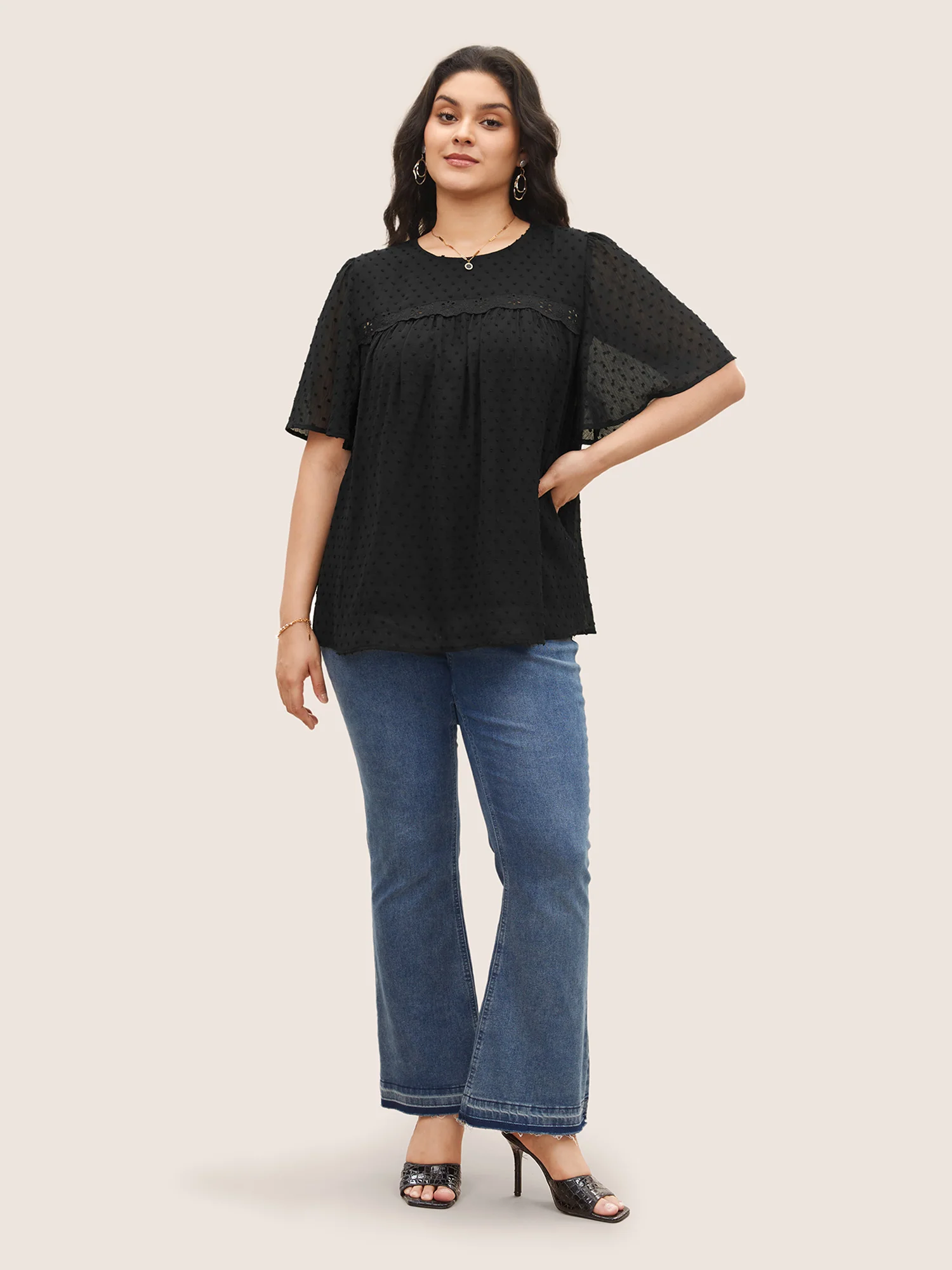 Solid Texture Lace Trim See Through Gathered Blouse - Image 2