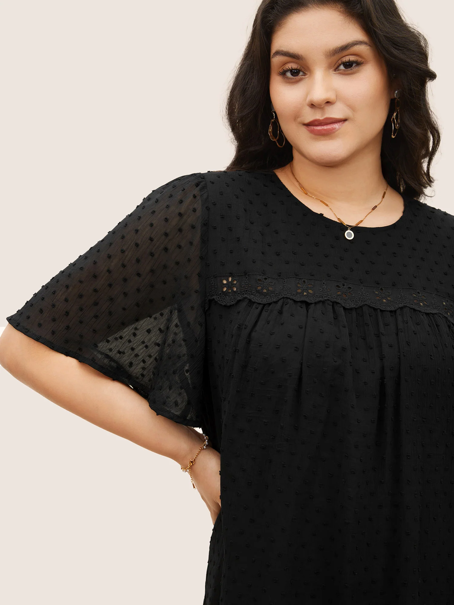 Solid Texture Lace Trim See Through Gathered Blouse - Image 3