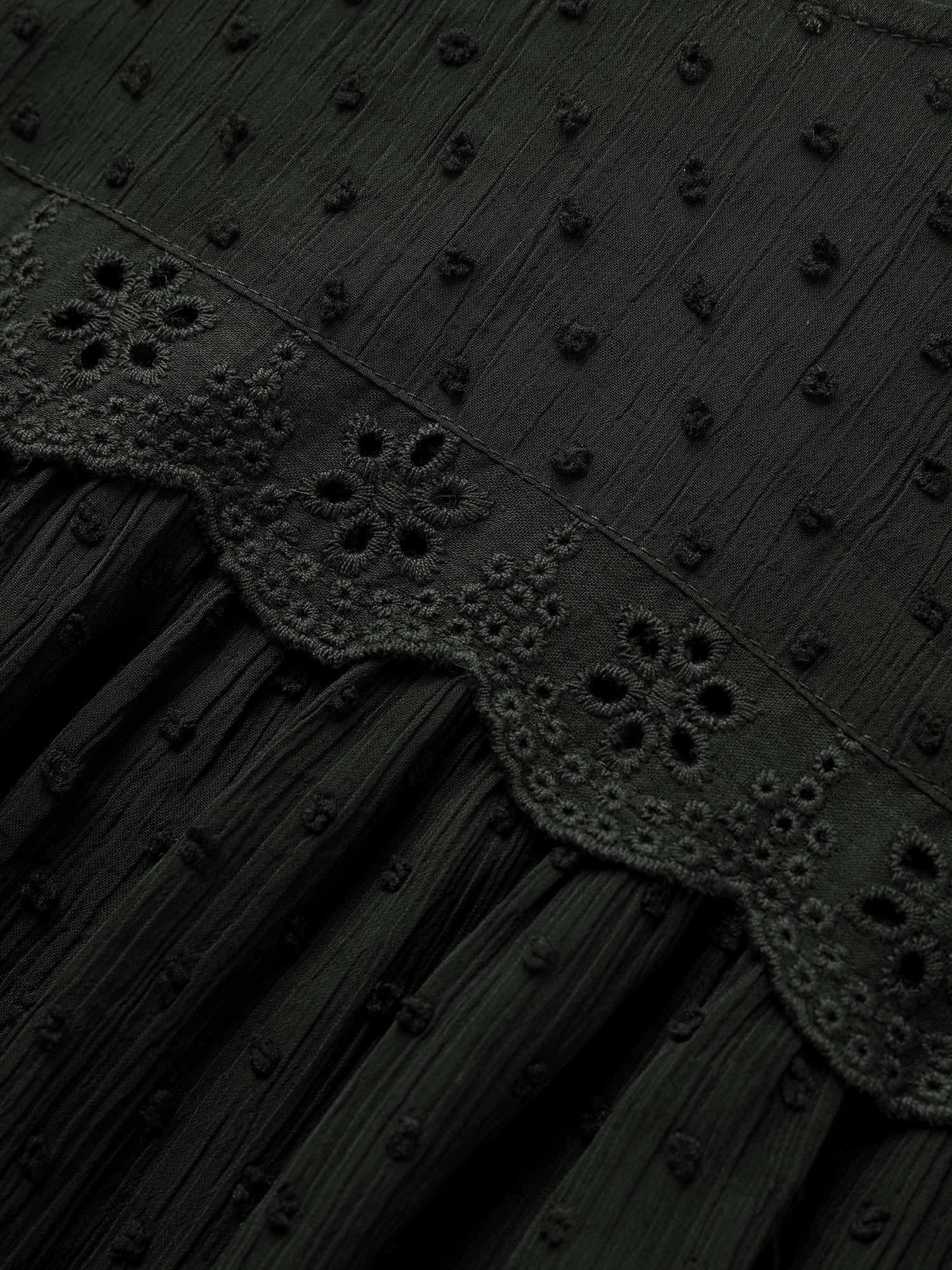 Solid Texture Lace Trim See Through Gathered Blouse - Image 5