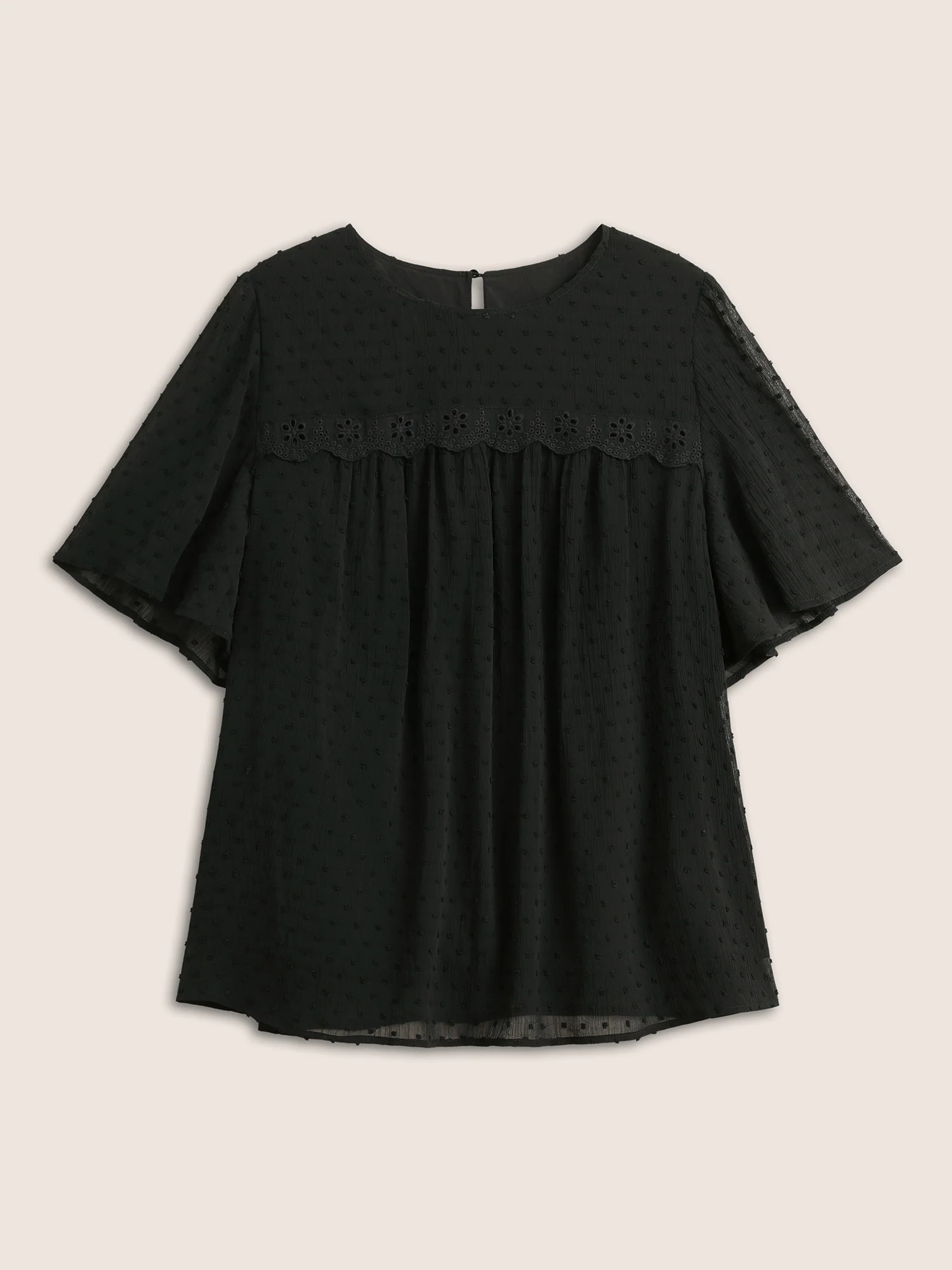 Solid Texture Lace Trim See Through Gathered Blouse - Image 7