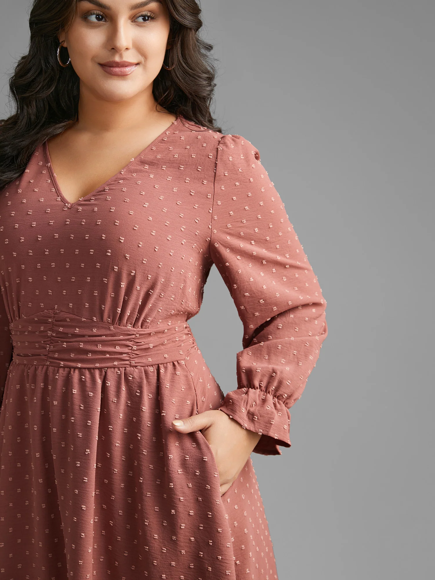 Solid Texture Ruffles Shirred Gathered Dress - Image 2