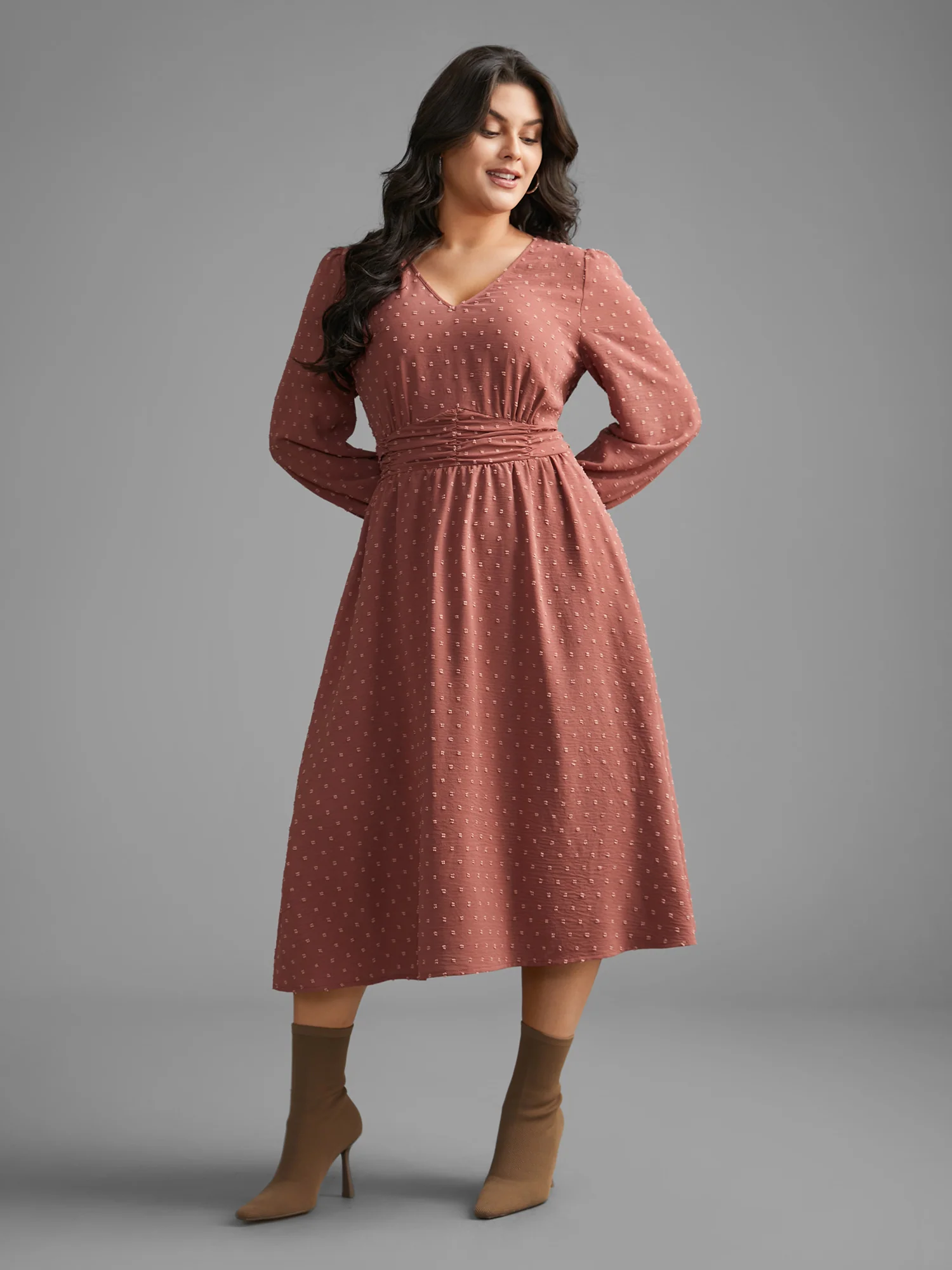Solid Texture Ruffles Shirred Gathered Dress - Image 3