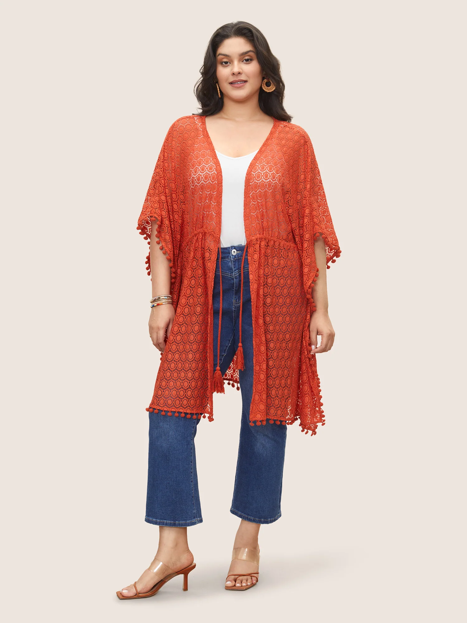 Solid Texture Tassels Drawstring Pompom Trim Cover Up - Image 2