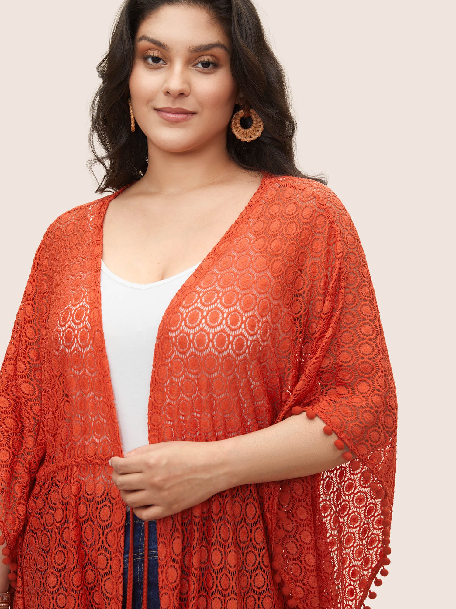 Solid Texture Tassels Drawstring Pompom Trim Cover Up - Image 3