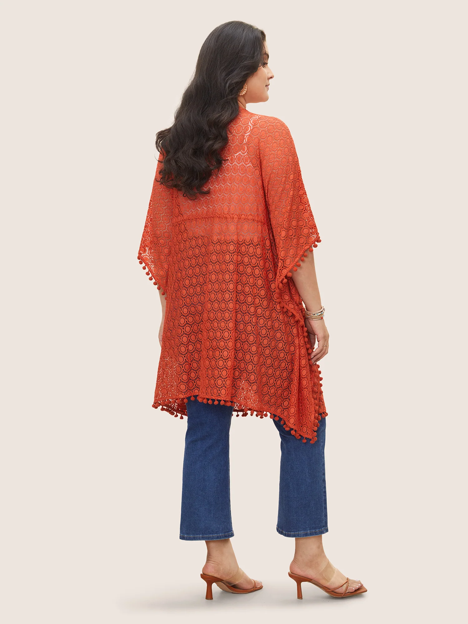 Solid Texture Tassels Drawstring Pompom Trim Cover Up - Image 4
