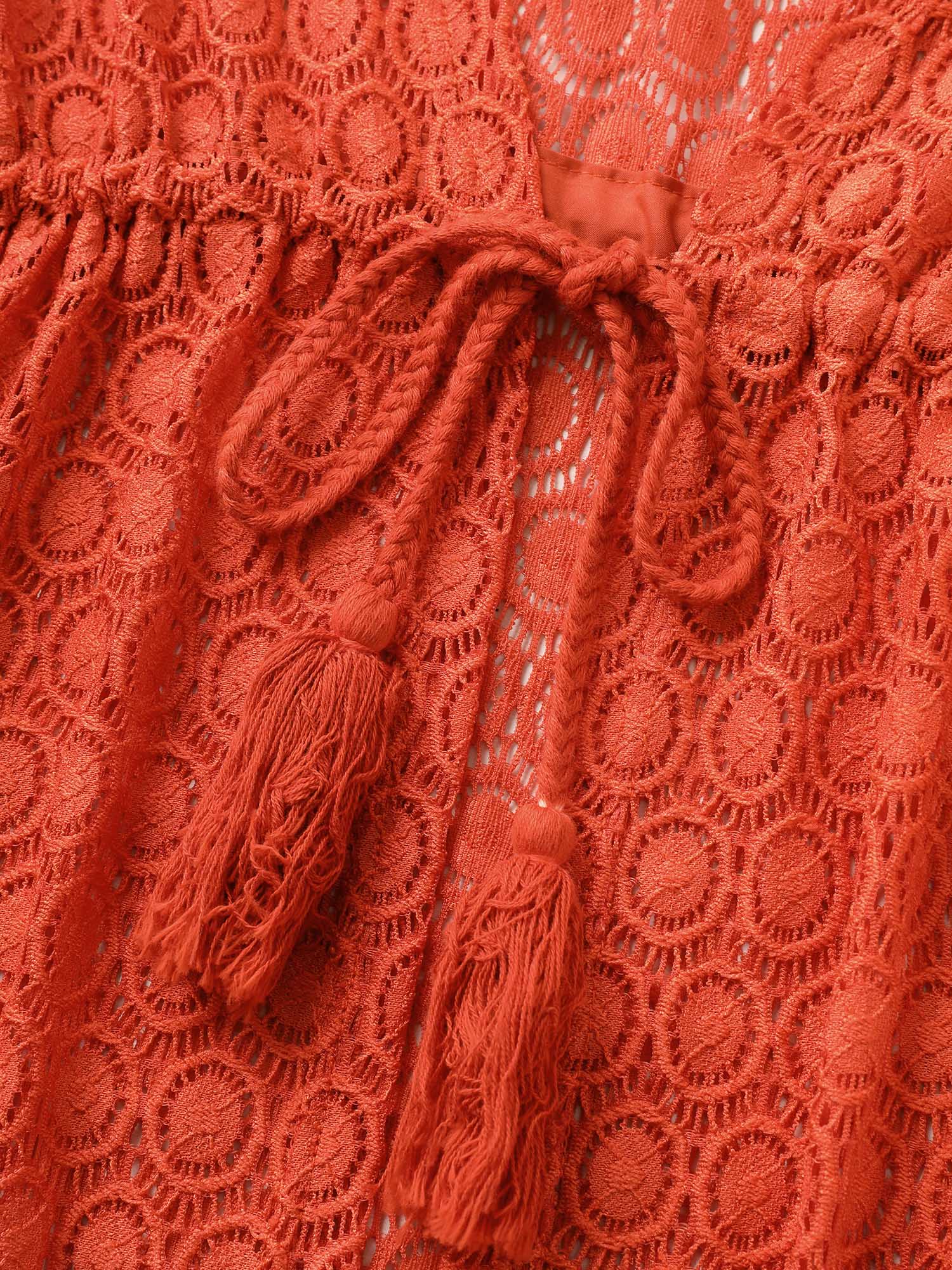 Solid Texture Tassels Drawstring Pompom Trim Cover Up - Image 6