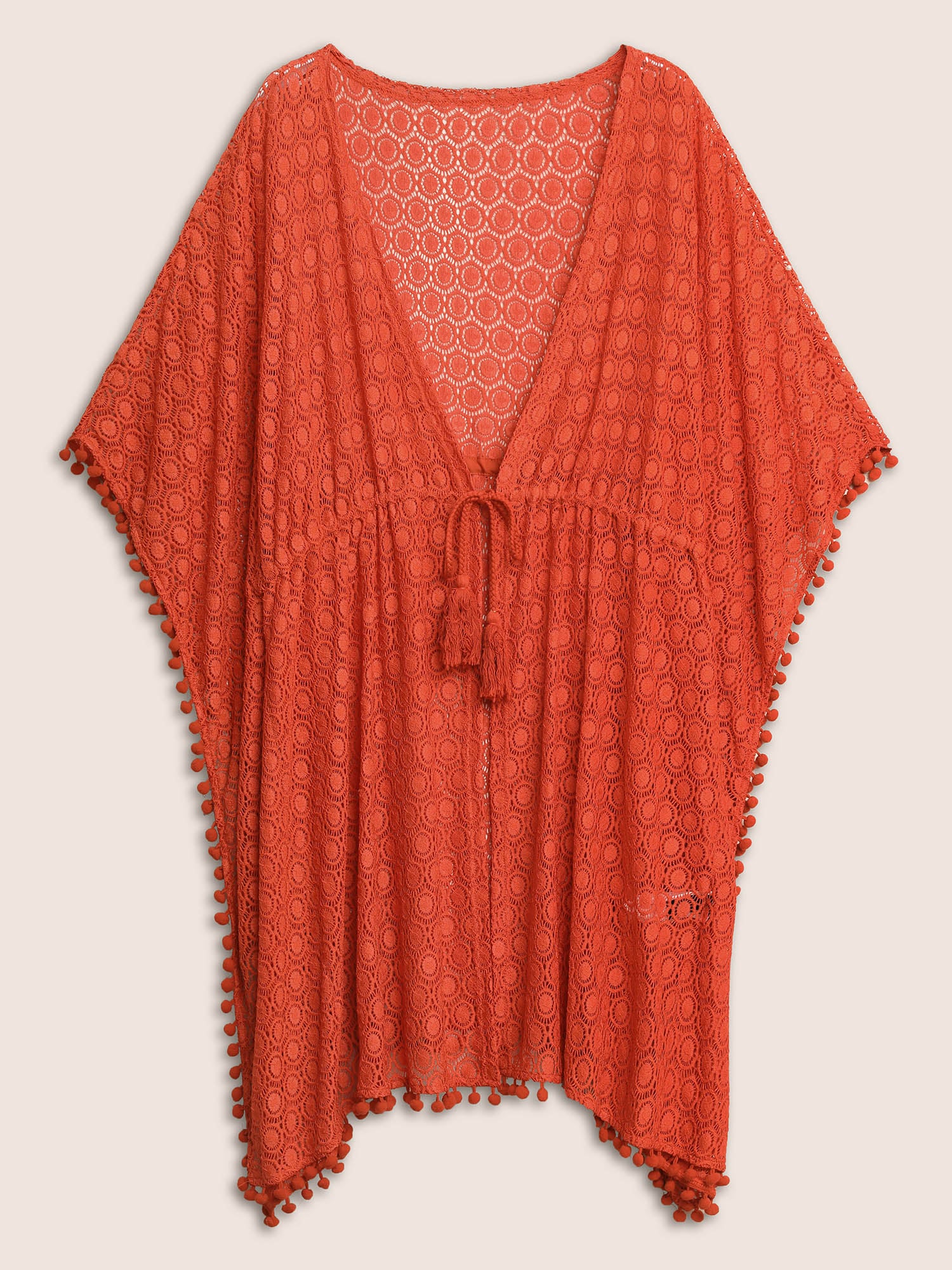 Solid Texture Tassels Drawstring Pompom Trim Cover Up - Image 7
