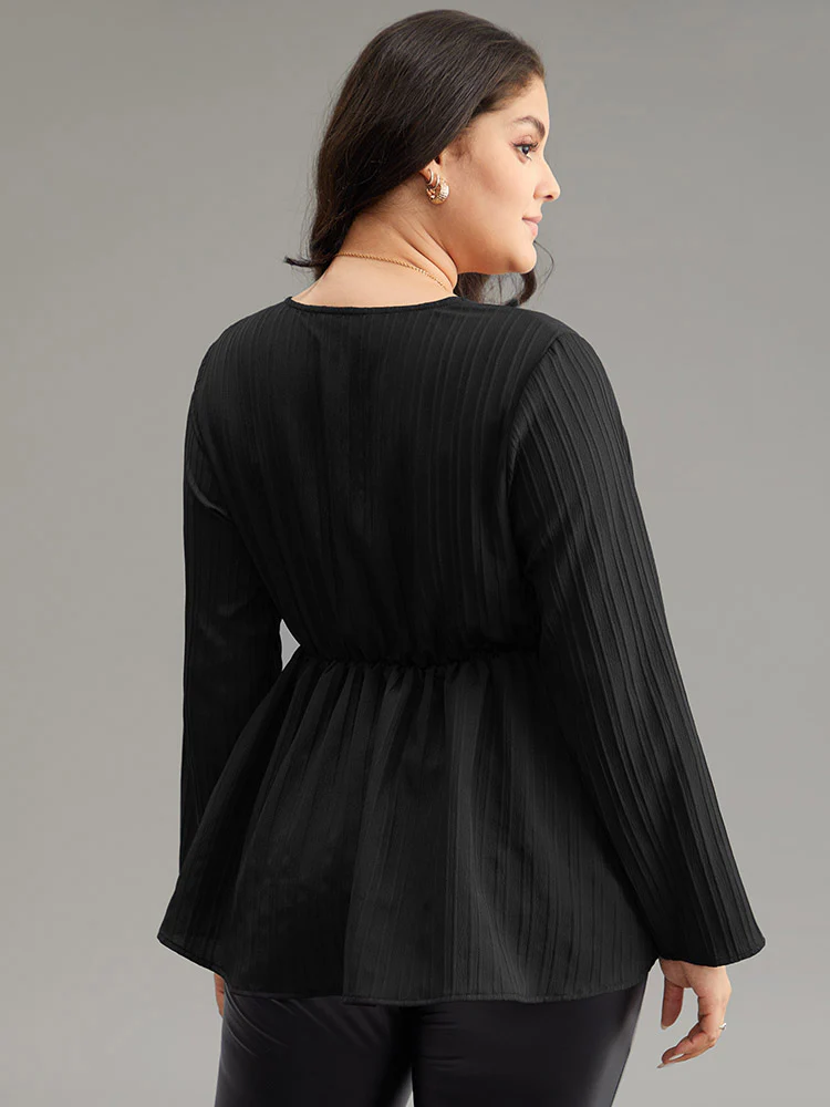 Solid Textured Button Detail Lace Up Blouse - Image 2