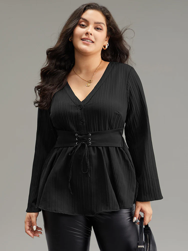 Solid Textured Button Detail Lace Up Blouse - Image 3
