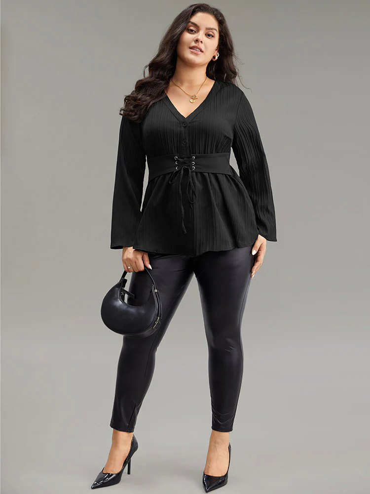 Solid Textured Button Detail Lace Up Blouse - Image 4