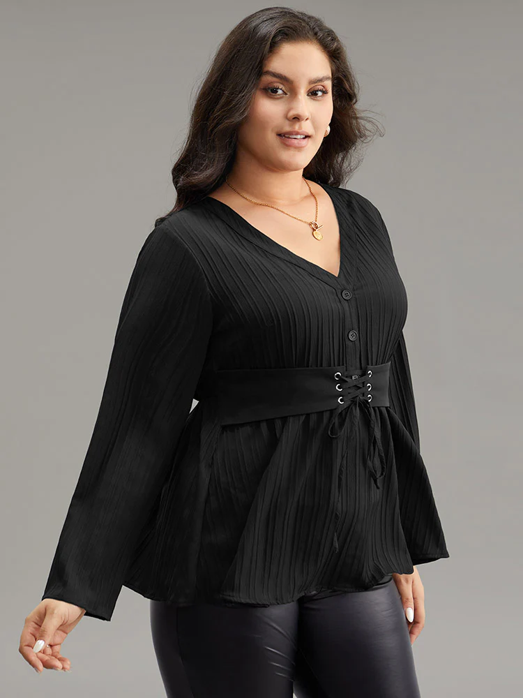 Solid Textured Button Detail Lace Up Blouse - Image 5