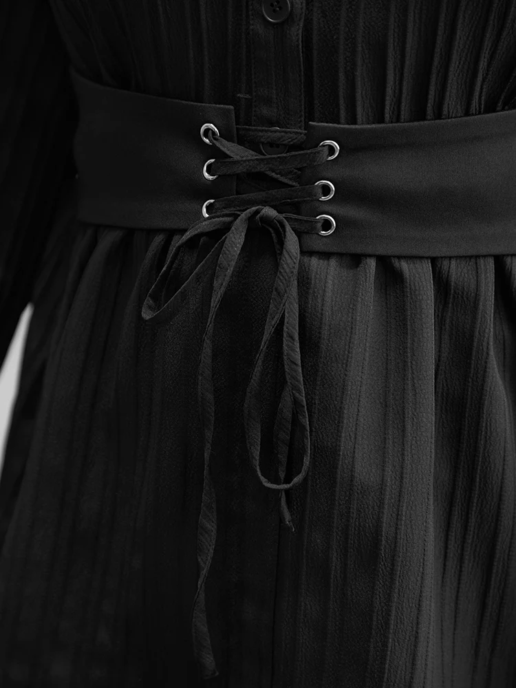 Solid Textured Button Detail Lace Up Blouse - Image 7