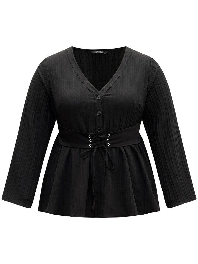 Solid Textured Button Detail Lace Up Blouse - Image 8