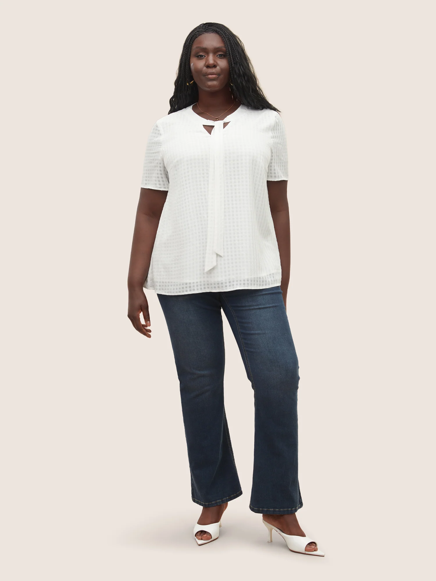 Solid Textured Chiffon Mesh Tie Neck Blouse - Image 2
