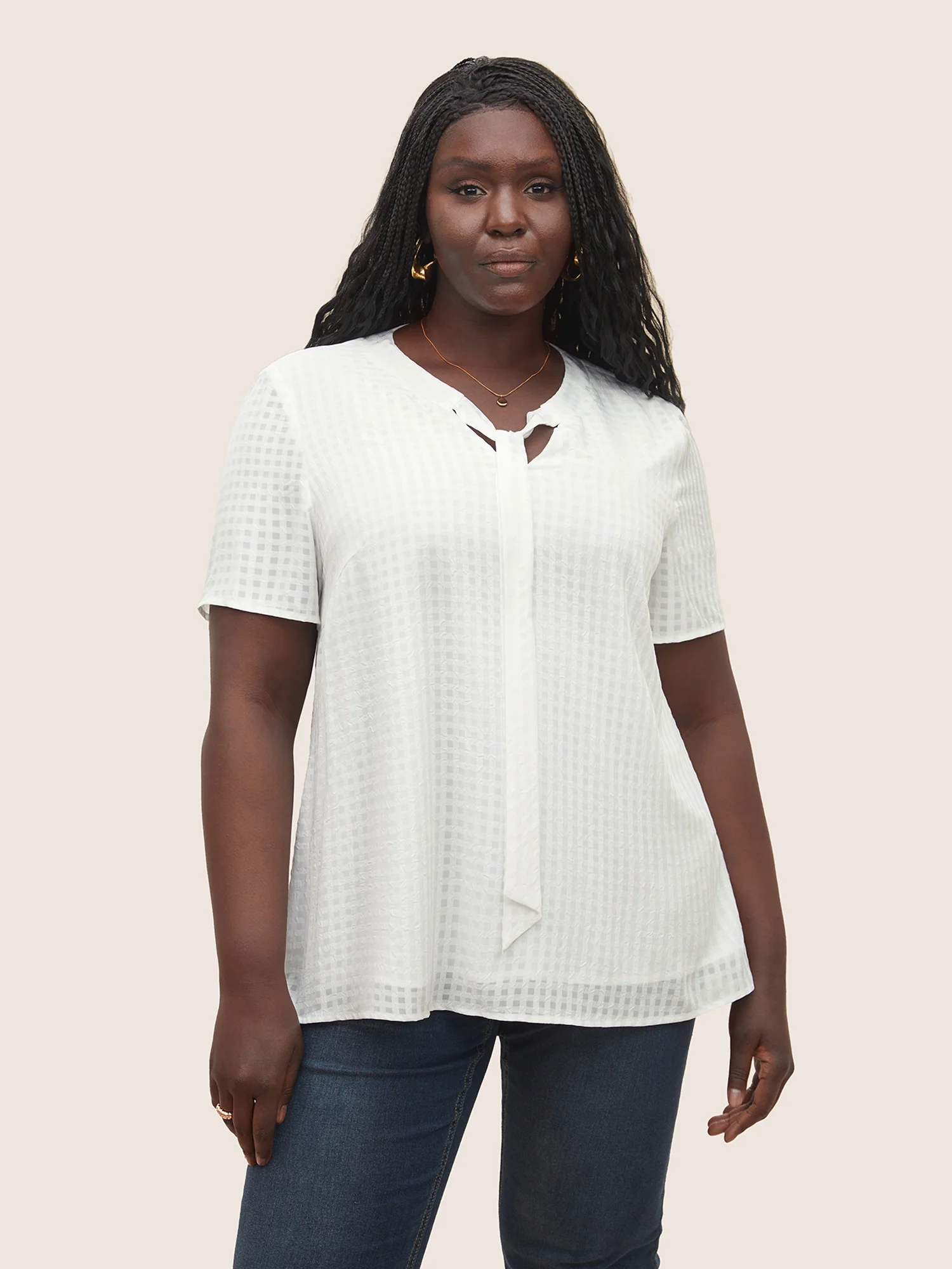 Solid Textured Chiffon Mesh Tie Neck Blouse - Image 4