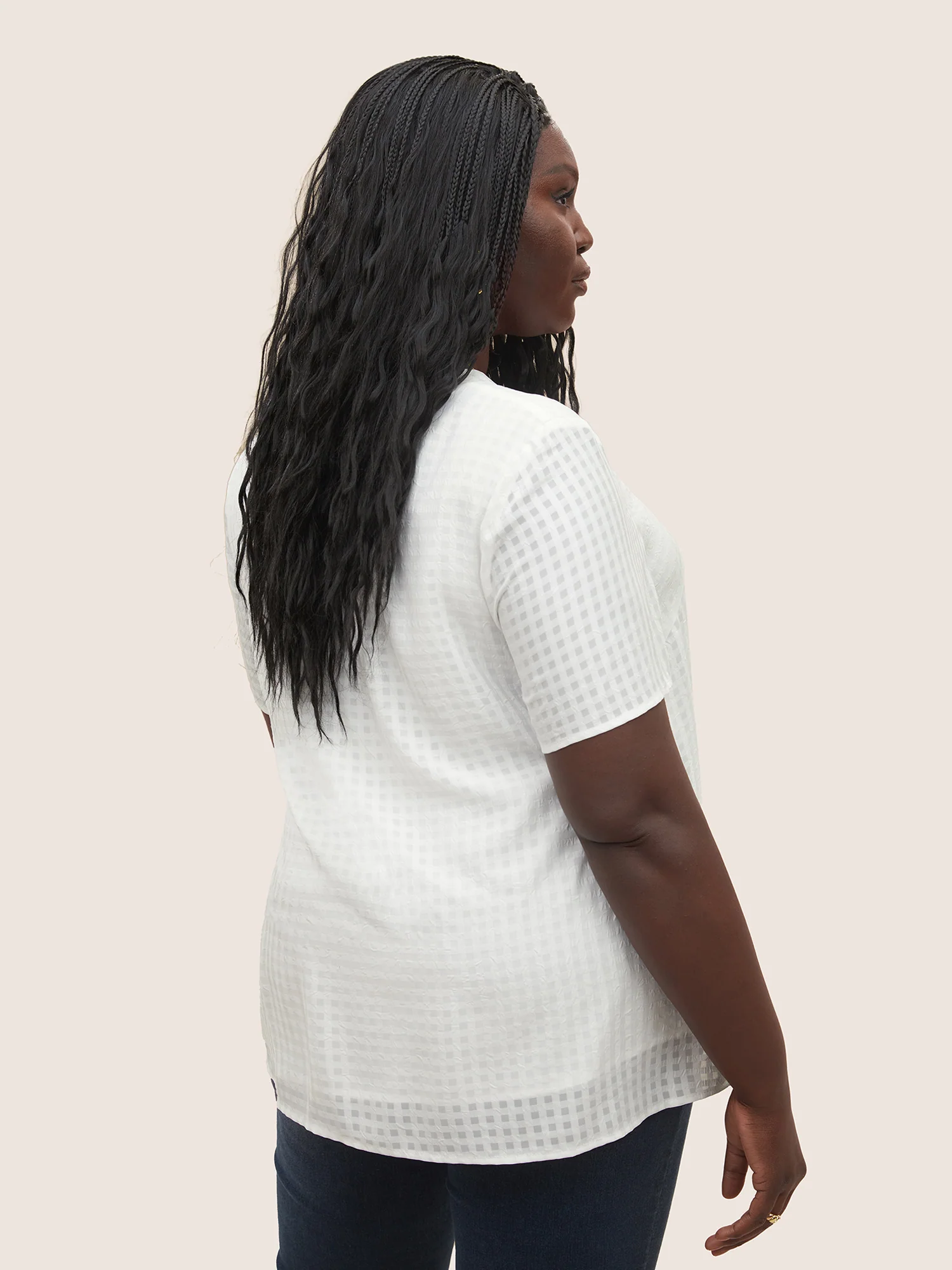 Solid Textured Chiffon Mesh Tie Neck Blouse - Image 5