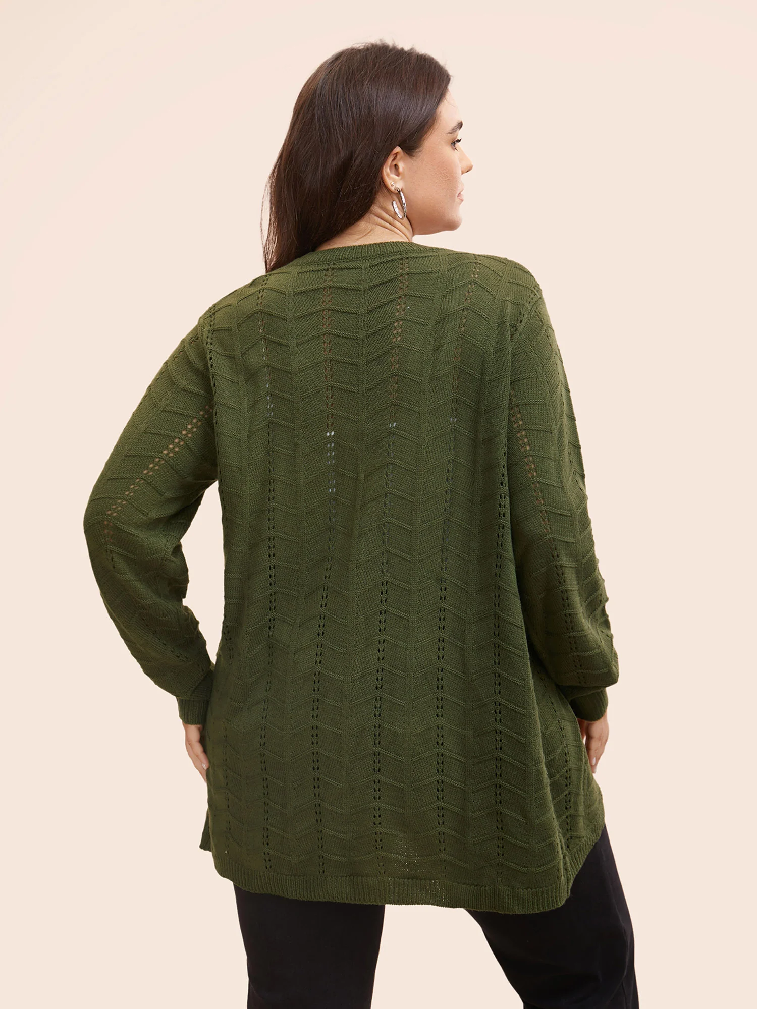 Solid Textured Curved Hem Cardigan - Image 2