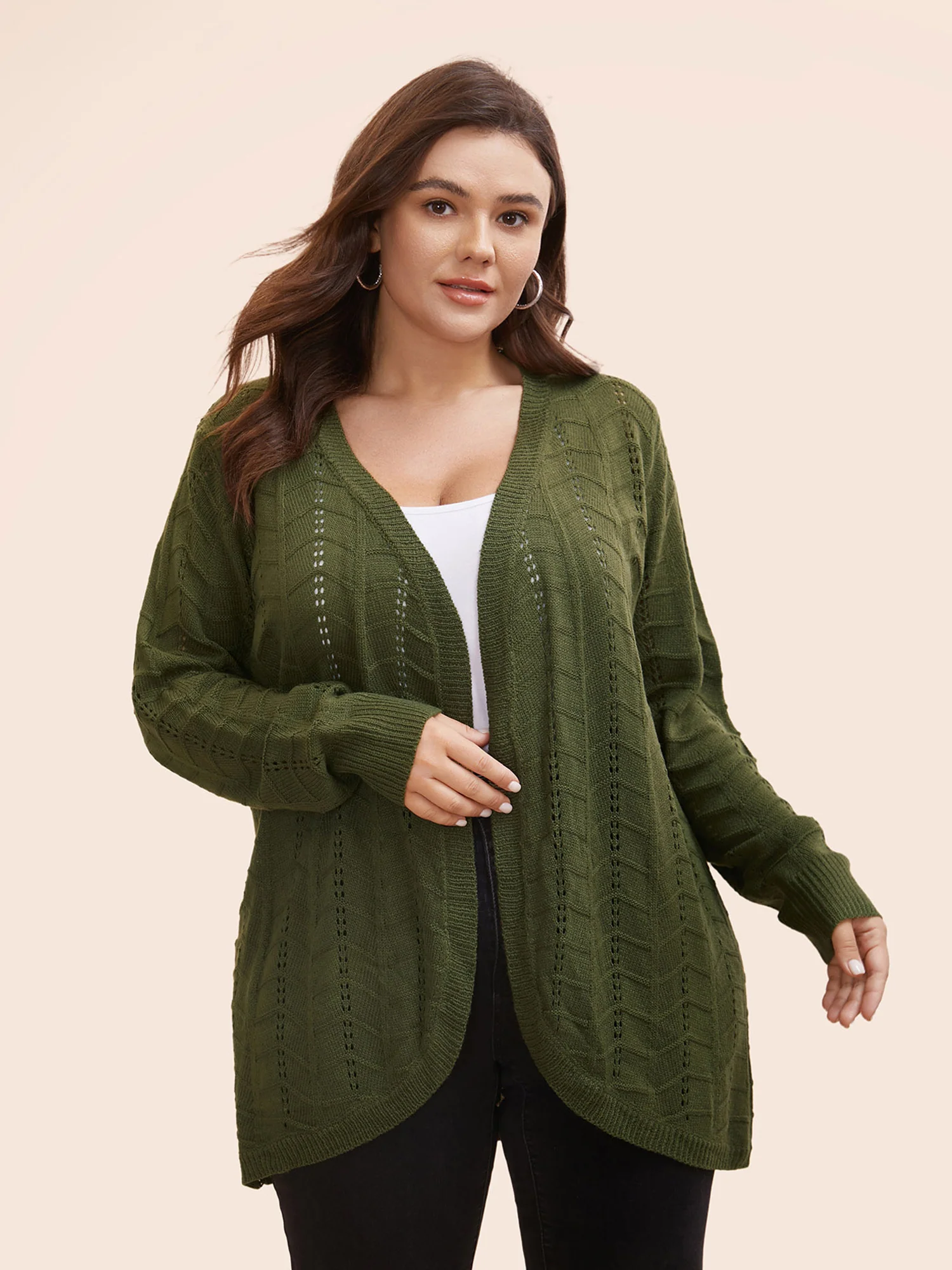 Solid Textured Curved Hem Cardigan - Image 3