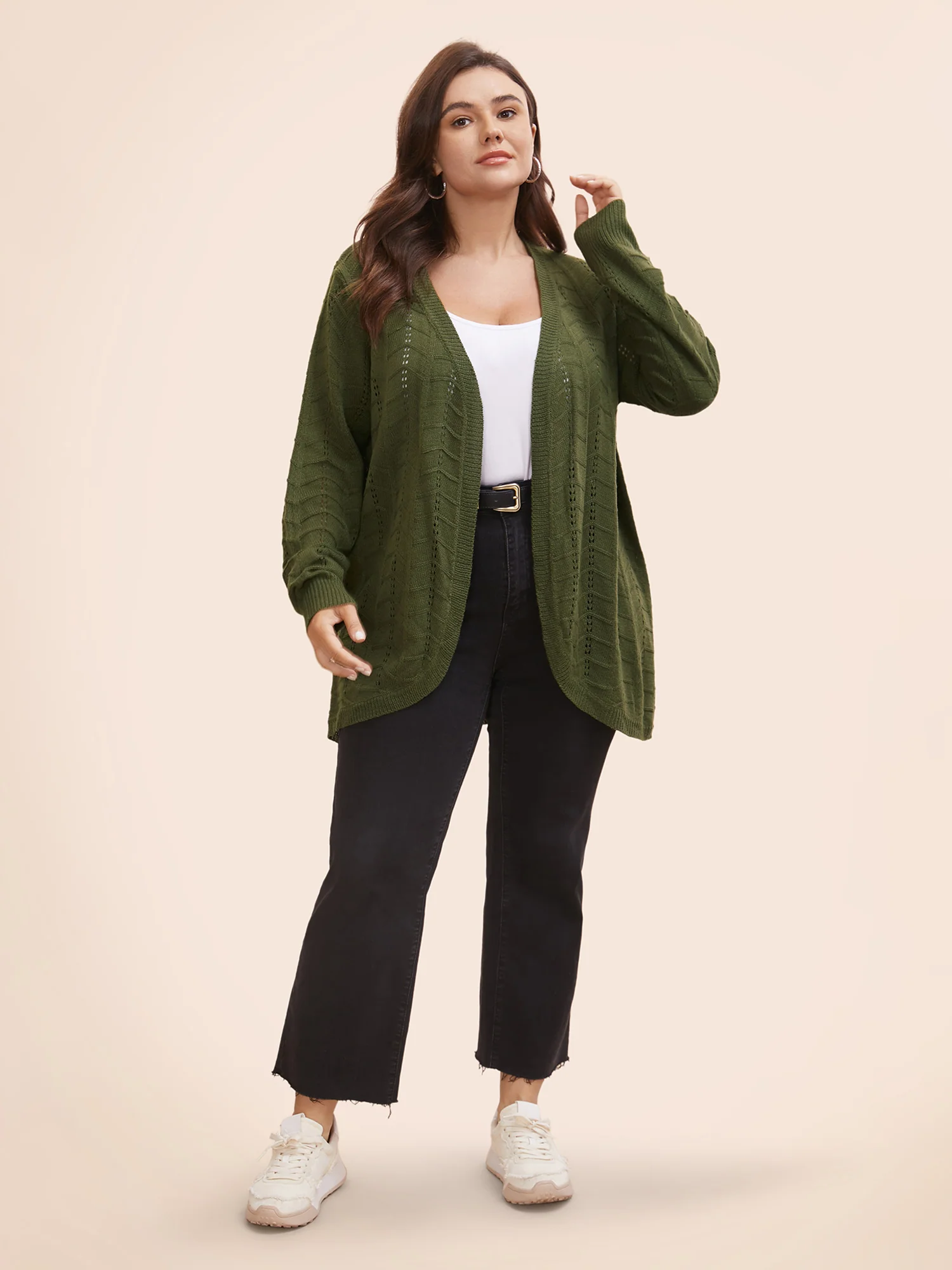 Solid Textured Curved Hem Cardigan - Image 4