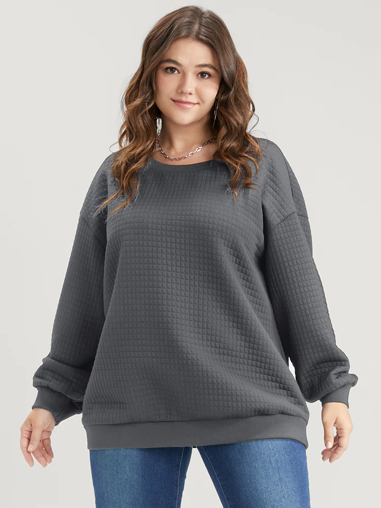 Solid Textured Drop Shoulder Sweatshirt - Image 2